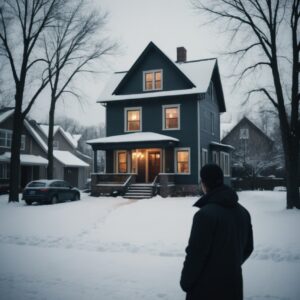 Person looking at a house in the winter